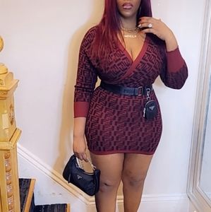 Burgundy wine black off shoulder midi sleeve printed party mini dress size m L